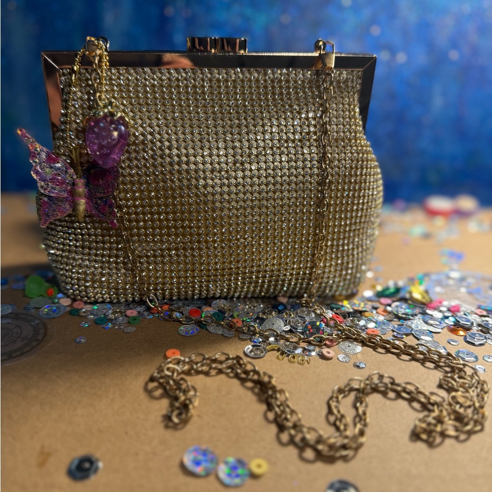 Chic Gold Beaded Clutch by Ester & Lily with Butterfly Charm EUC